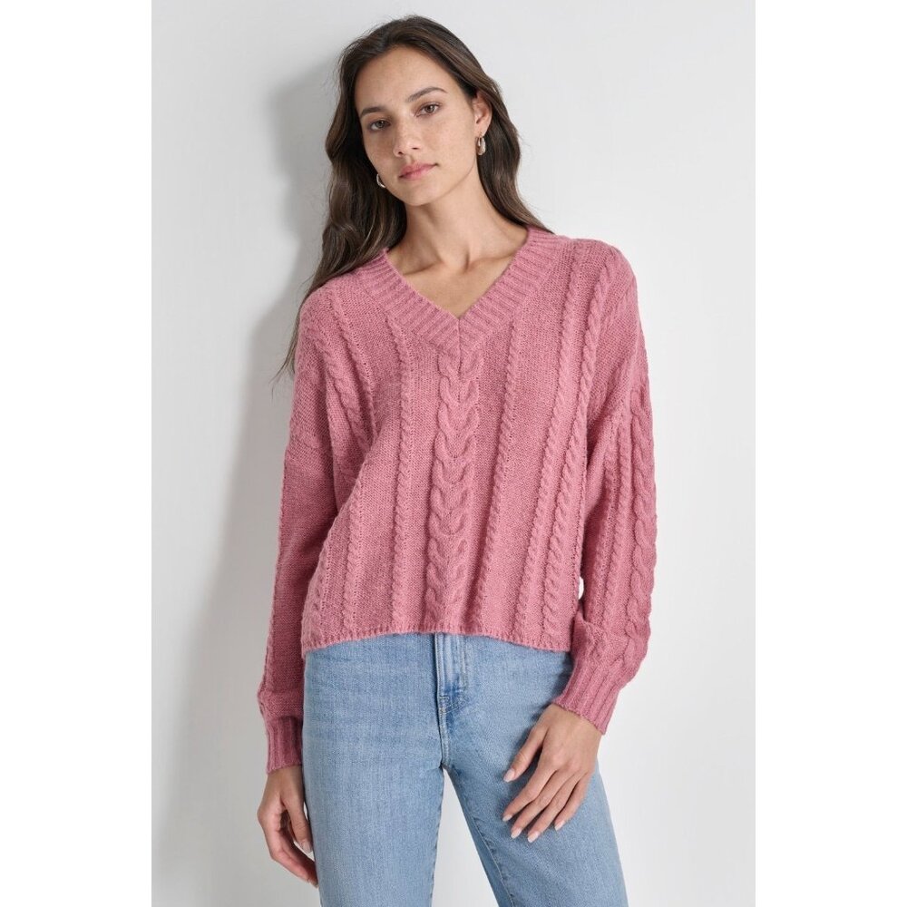 DKNY Jeans Women's Lightweight V-Neck Cable-Knit Sweater Pink Size S MSRP $69